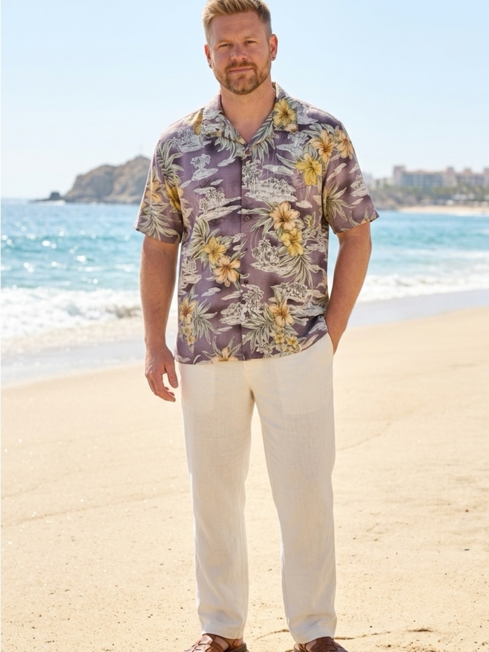 Tommy Bahama Men’s Purple Floral Hawaiian Shirt with Yellow Accents 100% Silk XL